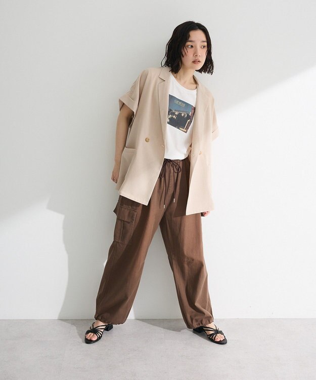 Green Parks 麻調合繊フレンチスリーブジャケット Light Beige