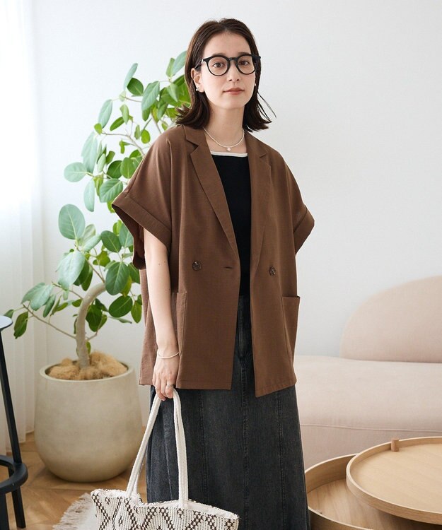 Green Parks 麻調合繊フレンチスリーブジャケット Brown