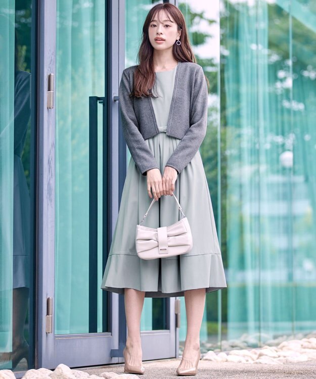 Tiaclasse 【洗える】半袖リボンギャザーフレアワンピース サックスグレー