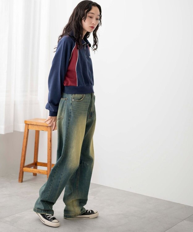 WEGO パイピング切替ショートハーフZIPスウェット ネイビー