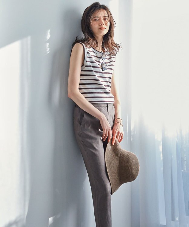 23区 【洗える】リネンレーヨンストレッチ テーパード パンツ ダークブラウン系