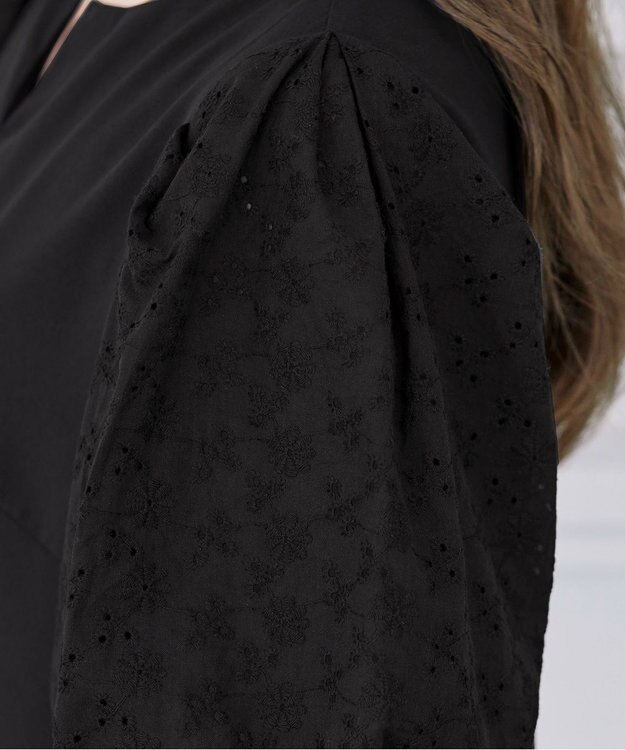 Tiaclasse 【2TYPE/総レース・袖レース】パンチングレースパフスリーブチュニックブラウス Bブラック(袖のみレース）