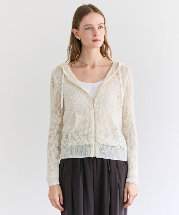 BEIGE， OPTICAL / ペーパーヤーンフーディージップニット Ecru
