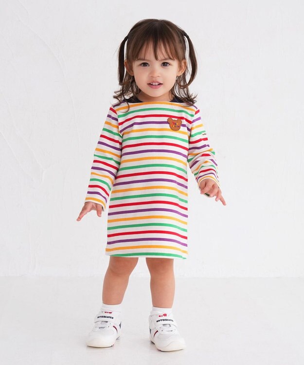MIKI HOUSE HOT BISCUITS 【80-120cm】 ボーダー 長袖ワンピース マルチカラー