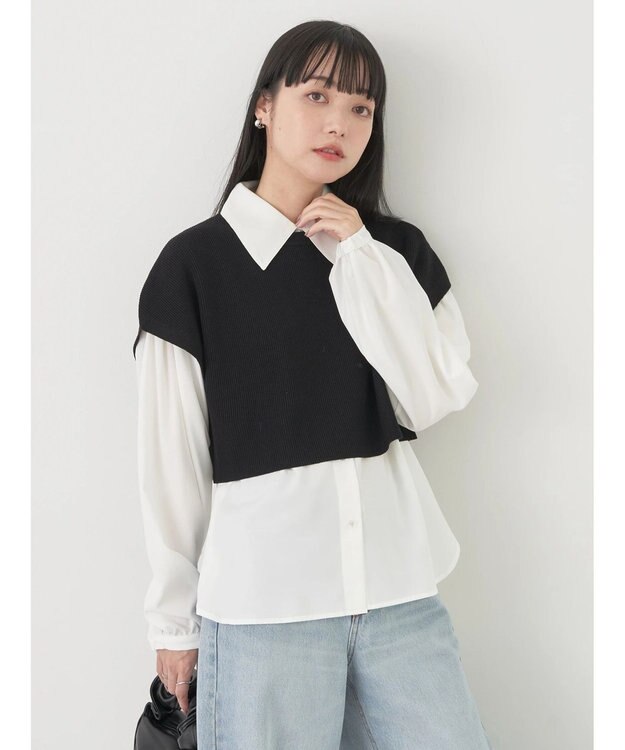 earth music&ecology ＳＥＴ２点ニットベスト＋シャツ Black