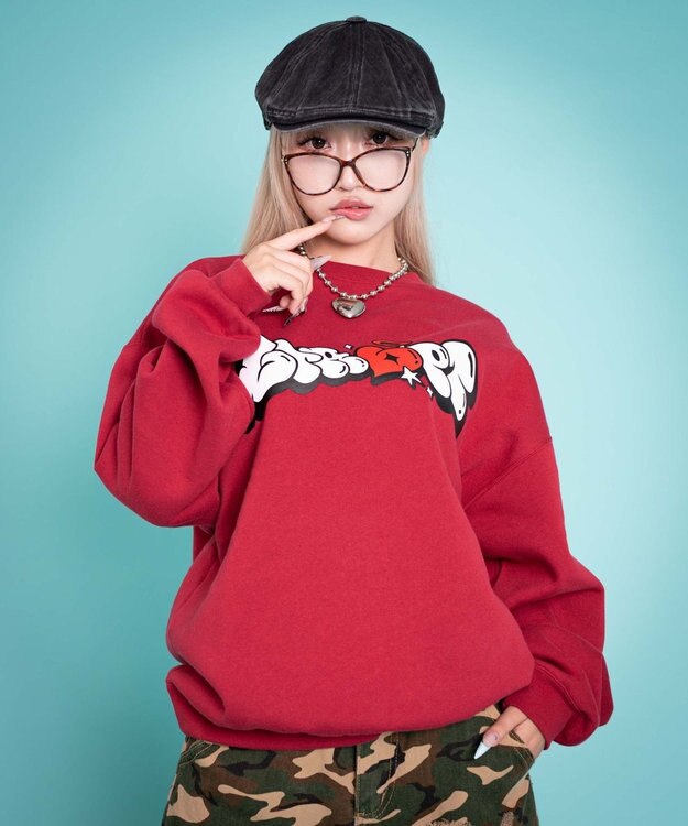 WEGO 【ユニセックス着用ITEM/MLサイズ展開】ハートモチーフプルオーバー レッド