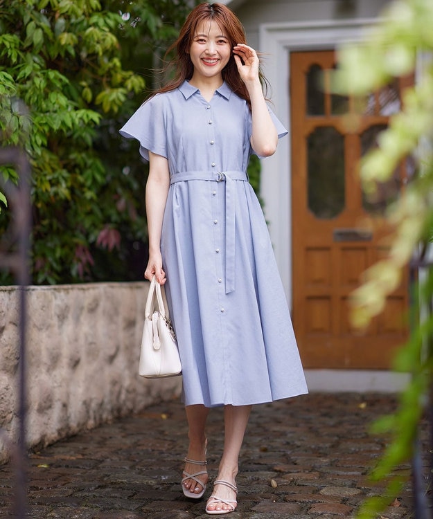ANY SIS 【洗える】ビューティフレアシャツ ワンピース ライトブルー