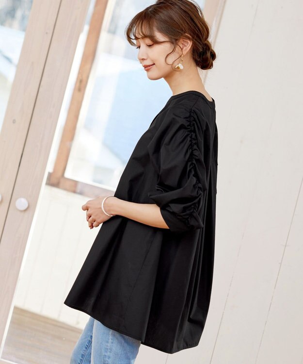 Tiaclasse L 【洗える】ギャザーパフスリーブチュニックブラウス ブラック