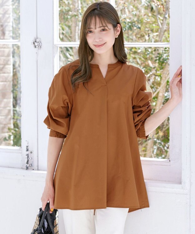 Tiaclasse L 【洗える】ギャザーパフスリーブチュニックブラウス ブラウン