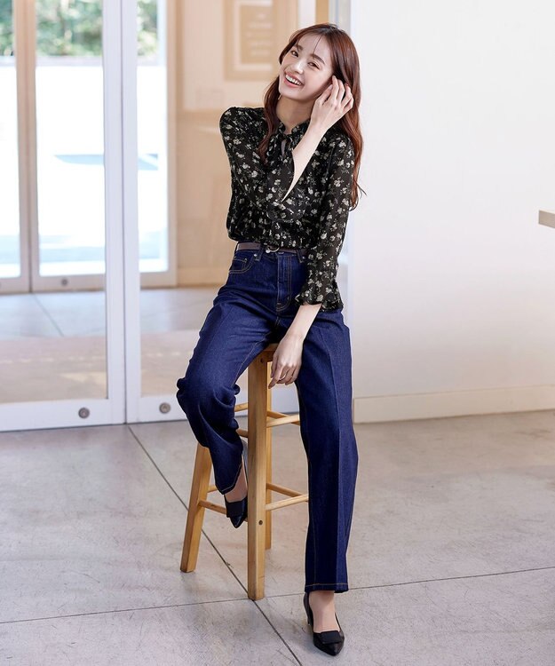 Tiaclasse 【新色追加・洗える】フレアスリーブ花柄リボンブラウス ブラック