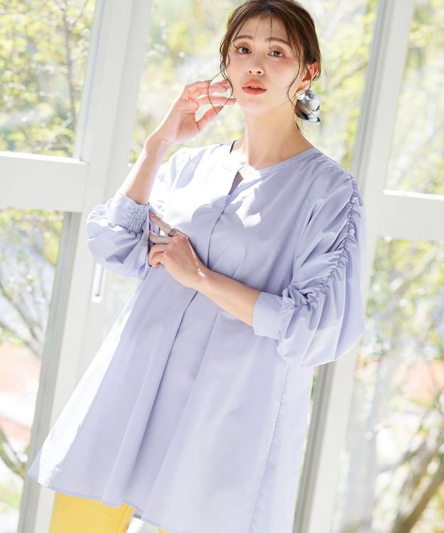 Tiaclasse L 【洗える】ギャザーパフスリーブチュニックブラウス ラベンダー