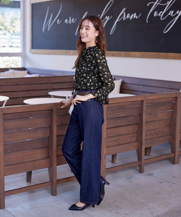 Tiaclasse 【新色追加・洗える】フレアスリーブ花柄リボンブラウス ブラック