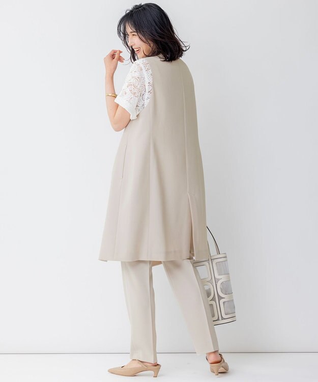 23区 S 【セットアップ対応】トロピカル2WAYストレッチ Vネック ノーカラー ジレ ベージュ系