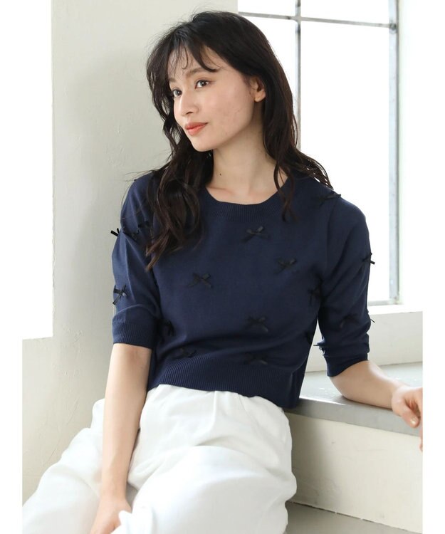 Green Parks ・ＡＮＤ　ＳＥＡＲＣＨ　メニーリボン５分袖ニット Navy