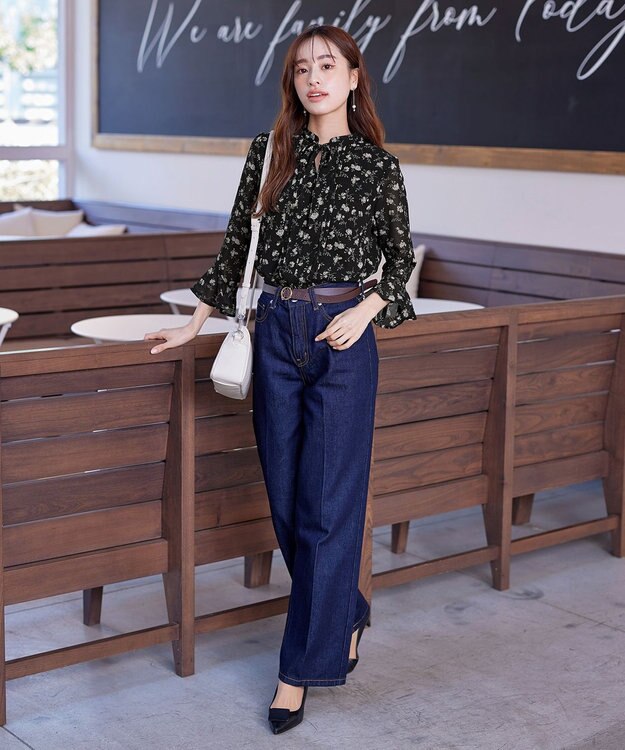 Tiaclasse 【新色追加・洗える】フレアスリーブ花柄リボンブラウス ブラック