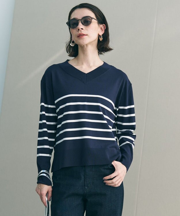 UNFILO マイビューティニット Vネック ネイビーボーダー