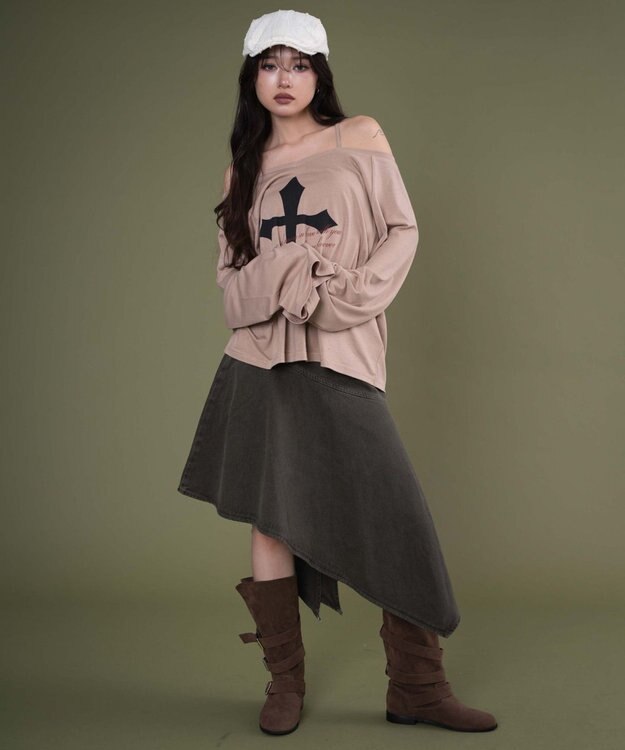 WEGO オフショルダークロスロゴトップ ベージュ