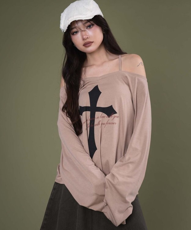 WEGO オフショルダークロスロゴトップ ベージュ