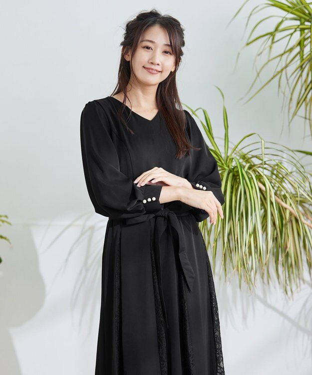 Tiaclasse 【洗える】レース切り替えフレアワンピース ブラック