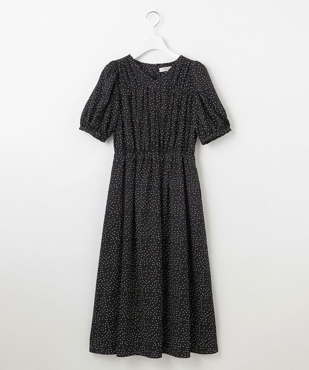 Feroux 【洗える】ギャザーデザインパフスリーブワンピース ドット系