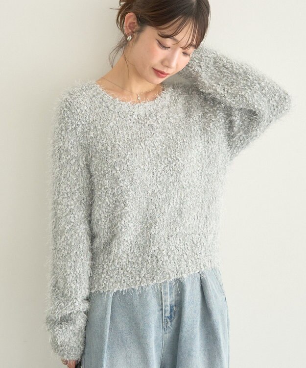 earth music&ecology ポンポンヤーンラメニットプルオーバー Grayish Blue