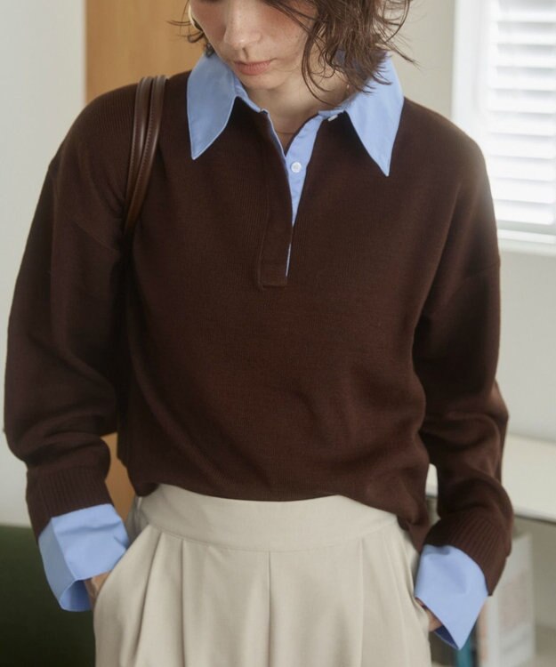 WEGO 【ANGIE VINTAGE】シャツ襟 ドッキング　フェイクレイヤード ニット トップス ブラウンその他