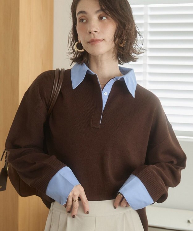 WEGO 【ANGIE VINTAGE】シャツ襟 ドッキング　フェイクレイヤード ニット トップス ブラウンその他