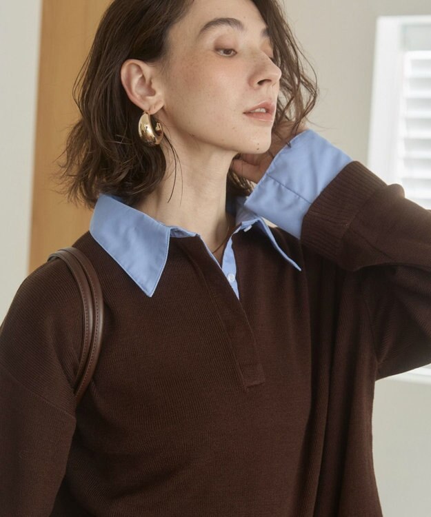 WEGO 【ANGIE VINTAGE】シャツ襟 ドッキング　フェイクレイヤード ニット トップス ブラウンその他