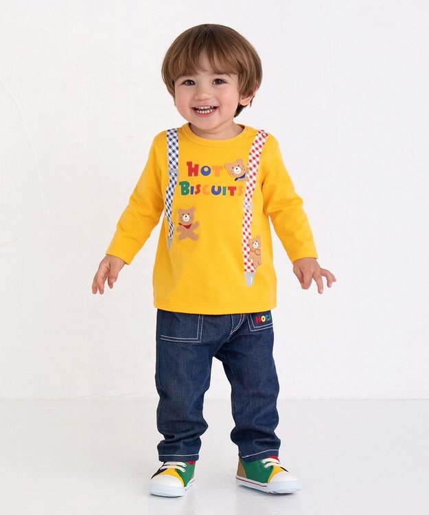 MIKI HOUSE HOT BISCUITS 【80-120cm】サスペンダーだまし絵 長袖Tシャツ 黄