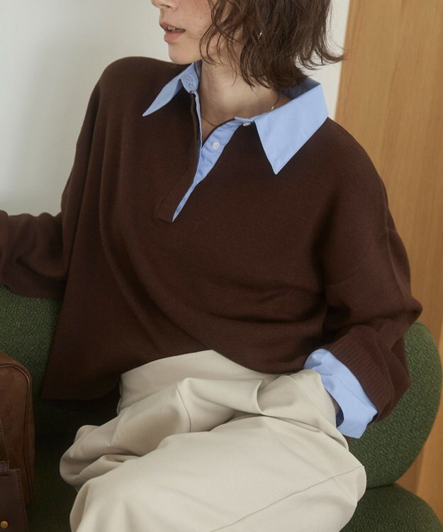 WEGO 【ANGIE VINTAGE】シャツ襟 ドッキング　フェイクレイヤード ニット トップス ブラウンその他