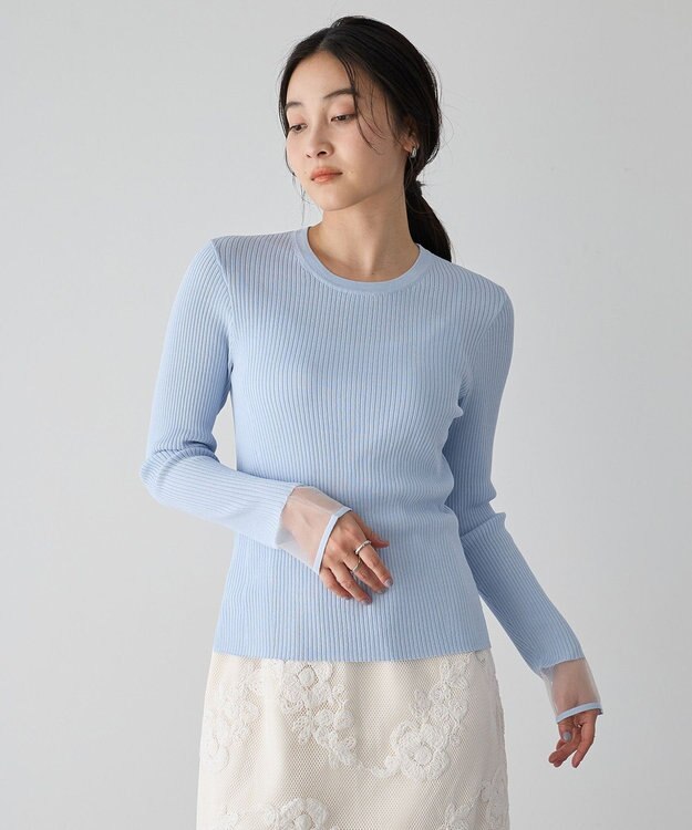 YECCA VECCA 袖口シアーリブニット Sax