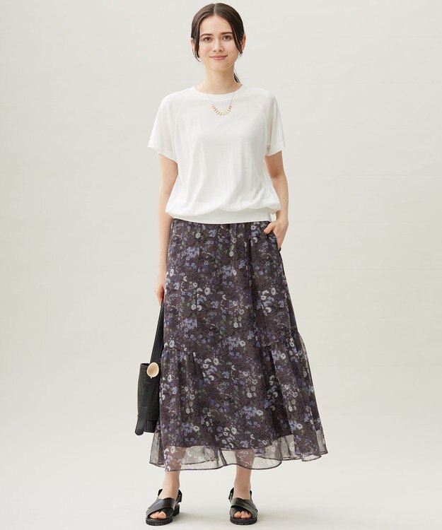 自由区 【セットアップ対応・洗える】ボタニカルフラワープリントティアード スカート セピア系