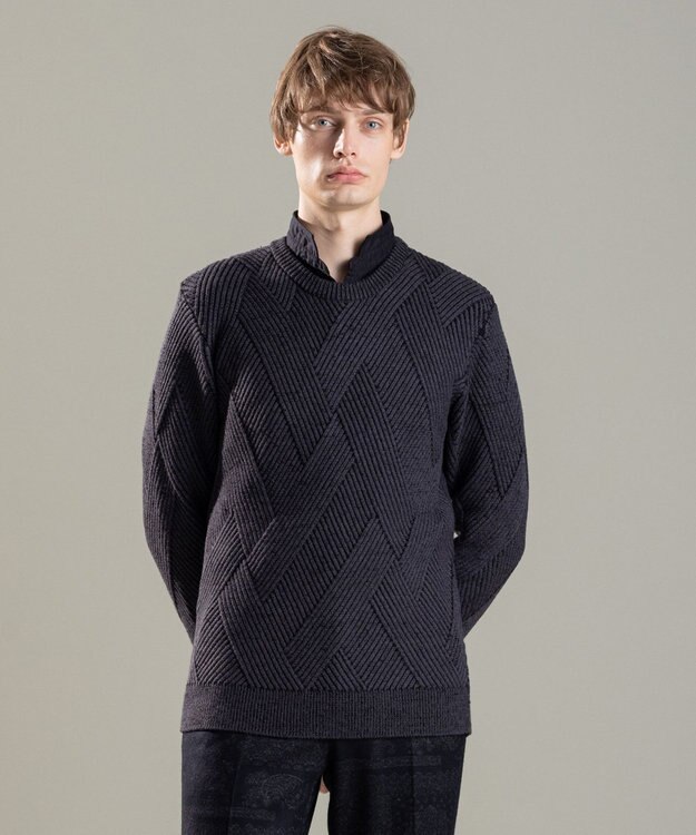 JOSEPH HOMME ビッグジオメトリージャガード　クルーネック グレー系