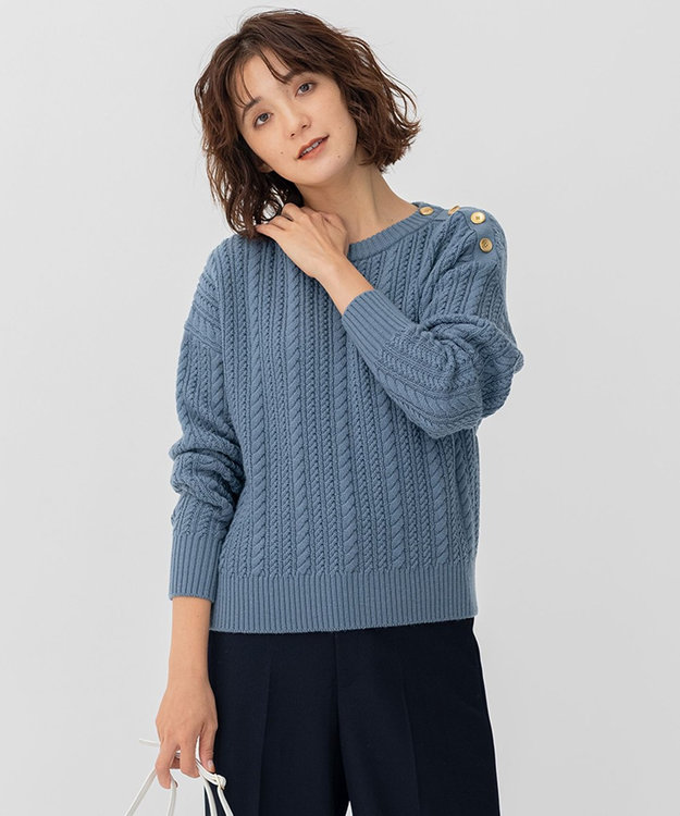 23区 【洗える】ウールコード 肩ボタンケーブル柄 ニット ブルーグレー系