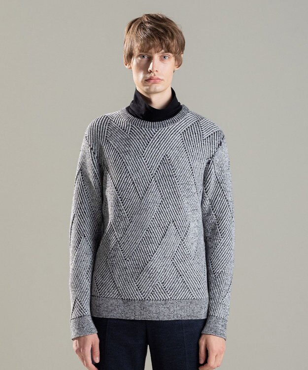 JOSEPH HOMME ビッグジオメトリージャガード　クルーネック ライトグレー系