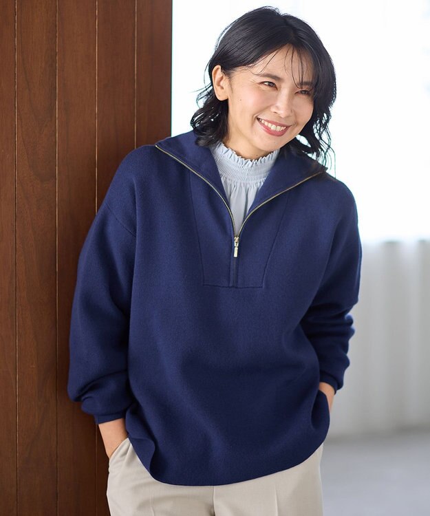 ANY スウェットライクハーフジップニット ブルー