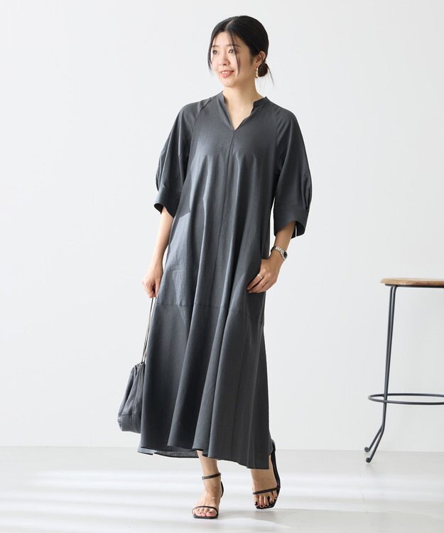 UNFILO 【洗える】リネンレーヨン カフタンワンピース チャコール