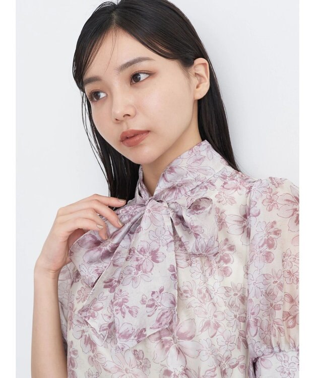 earth music&ecology フラワー柄シアーパフブラウス Pink