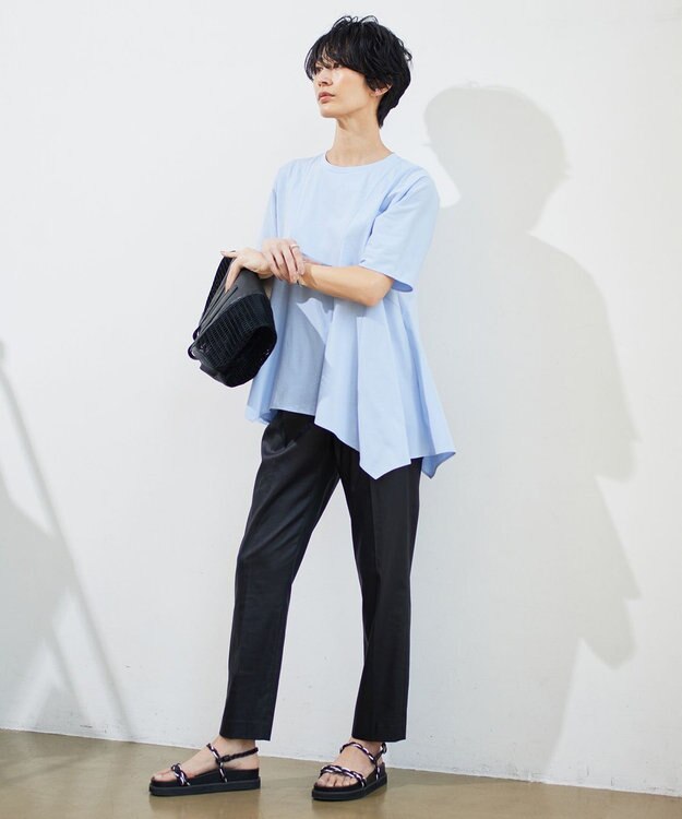 ICB 【洗える】ブラウスライクジャージー ハンカチーフヘムカットソー サックス系