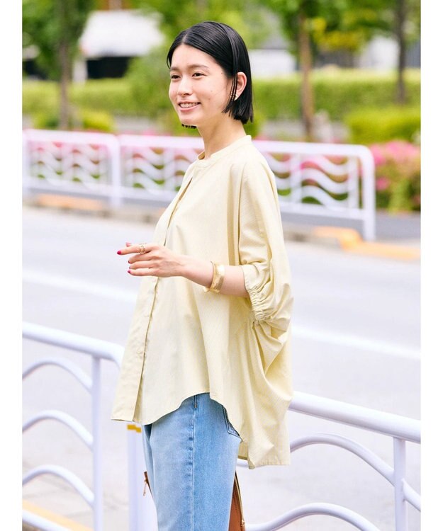 AMERICAN HOLIC 接触冷感＋ＵＶカット　ギャザースリーブブラウス Stripe Yellow