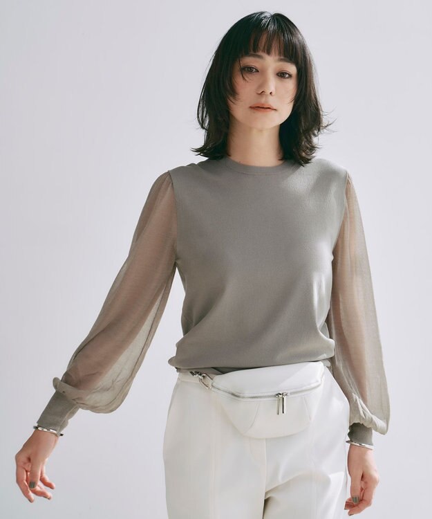 ICB L 【洗える】クロスコンビ シアースリーブニット カーキ系