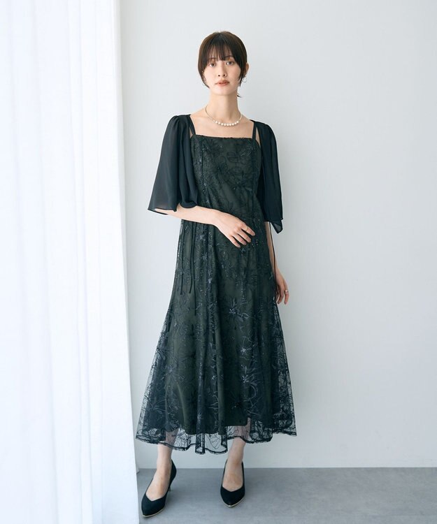 YECCA VECCA 【2点SET】フラワー柄スパンコール刺繍ドレス Green