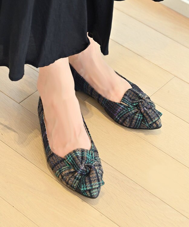nouvelleRobe Oū 新色追加【本革・高反発】Butterfly knot ポインテッドトゥ パンプス ネイビーファブリック