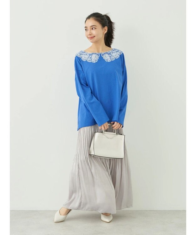 earth music&ecology レースプリントボーダープルオーバー Royal Blue