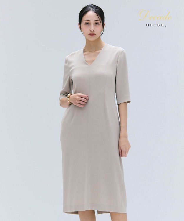 BEIGE， 【洗える】CINDY / Vネックハーフスリーブワンピース Taupe x White