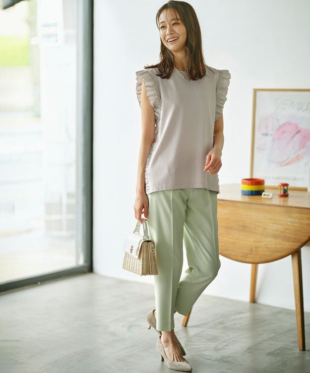 組曲 【美シルエット・ストレッチ・シワになりにくい】オシャクロス テーパードパンツ スモーキーグリーン系