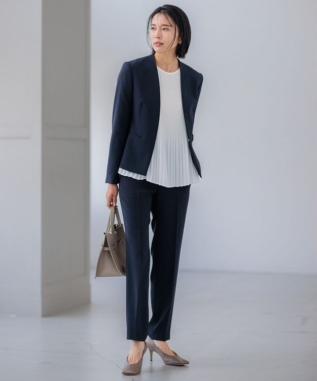 23区 【セットアップ対応/洗える】トリアセダブルジョーゼット ノーカラー ジャケット ネイビー系