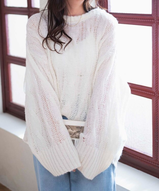WEGO ケーブルメッシュメランジニット ホワイトアイボリー