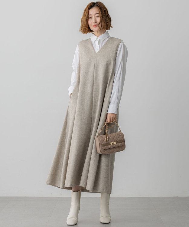 23区 S ラメミックスツイード Vネックワンピース ベージュ系