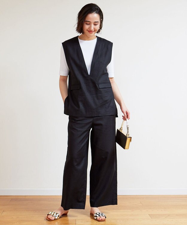 UNFILO 【洗える】リネンミックスツイル ベスト ブラック